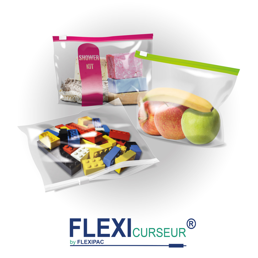 Image représentant des sachets à refermeture zip avec curseur contenant un kit de douche, des fruits frais et des briques de LEGO®