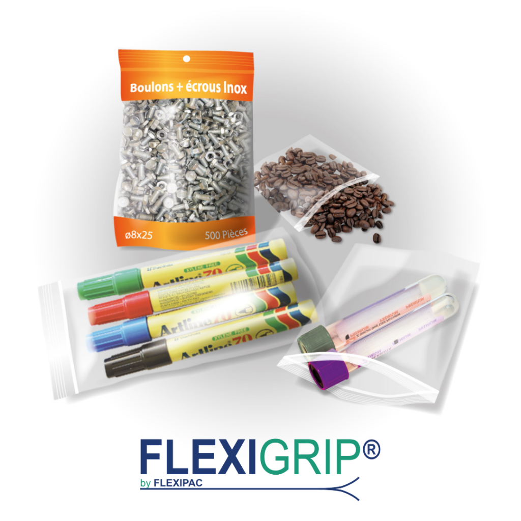 Image représentant des sachets à refermeture zip intégré de la marque Flexigrip® contenant des écrous et boulons, des grains de café, des marqueurs et des tubes à essai