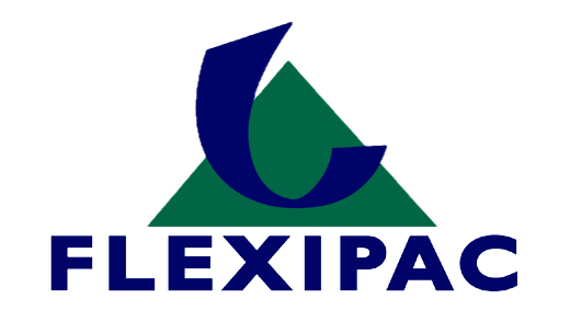 logo de la marque Flexipac écrit en bleu avec un triangle vert et une virgule bleue par dessus.