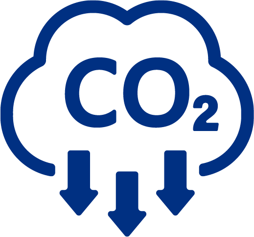 Picto d'un contour de nuage bleu entourant "CO2" et 3 flèches pointant vers le bas