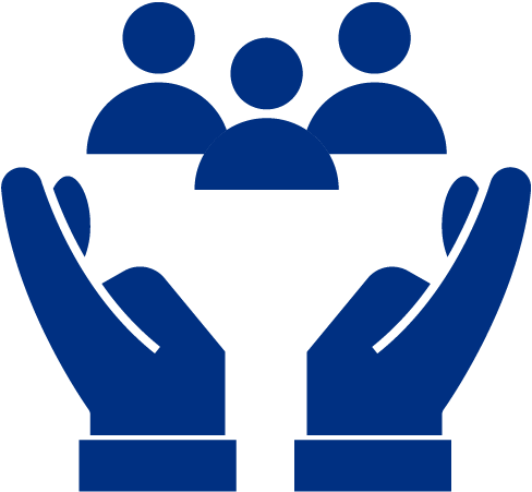 Picto de 3 silouhettes de personnes soutenues par 2 mains ouvertes